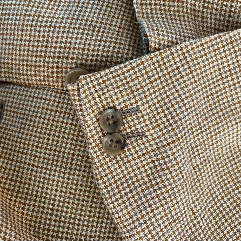 Ermenegildo Zegna Italian Linen Carmel Tan Beige Houndstooth Blazer Jacket 48R